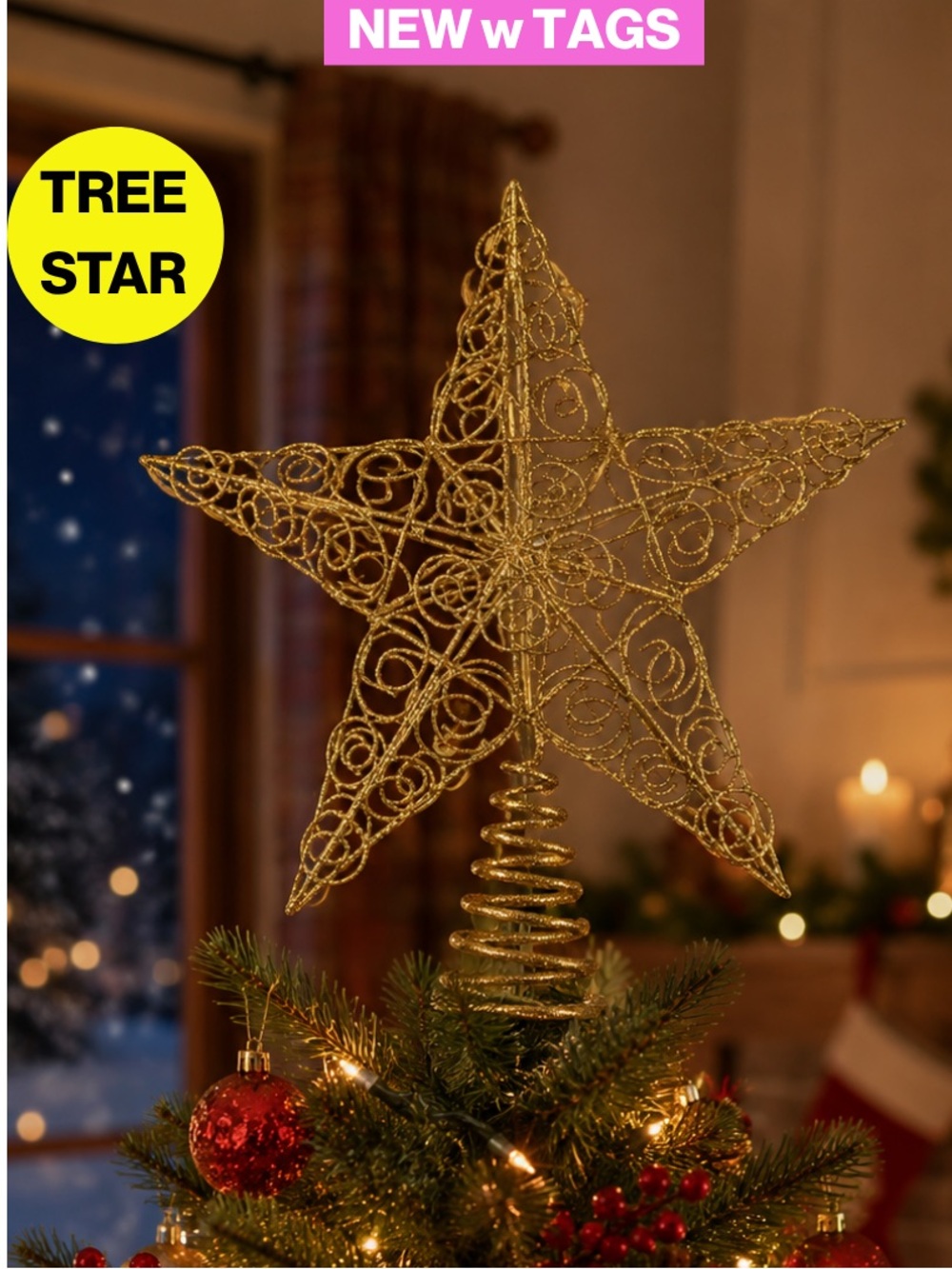 NEW w TAGS 🏷️ Sparkly Gold Star Holiday Tree Topper (9x11” inches)